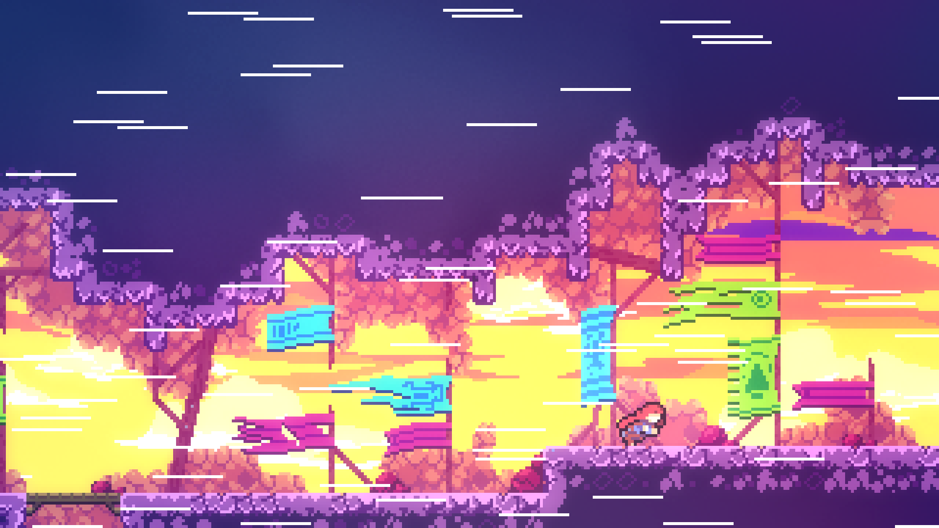 Madeline mid-movement through a vibrant sunset landscape with purple trees and waterfalls in Celeste