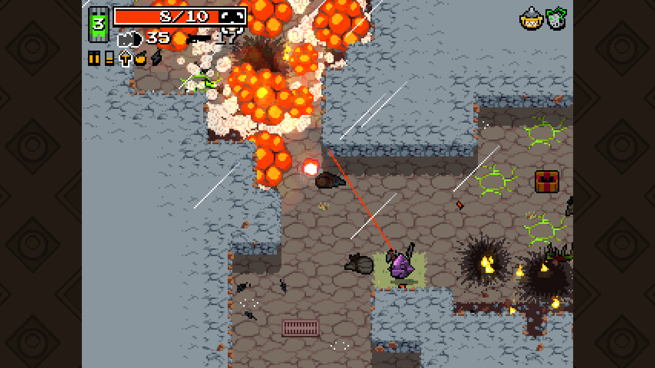 Nuclear Throne combat with massive explosions, laser beams, and debris filling the screen - Vlambeer's signature juice and screen shake
