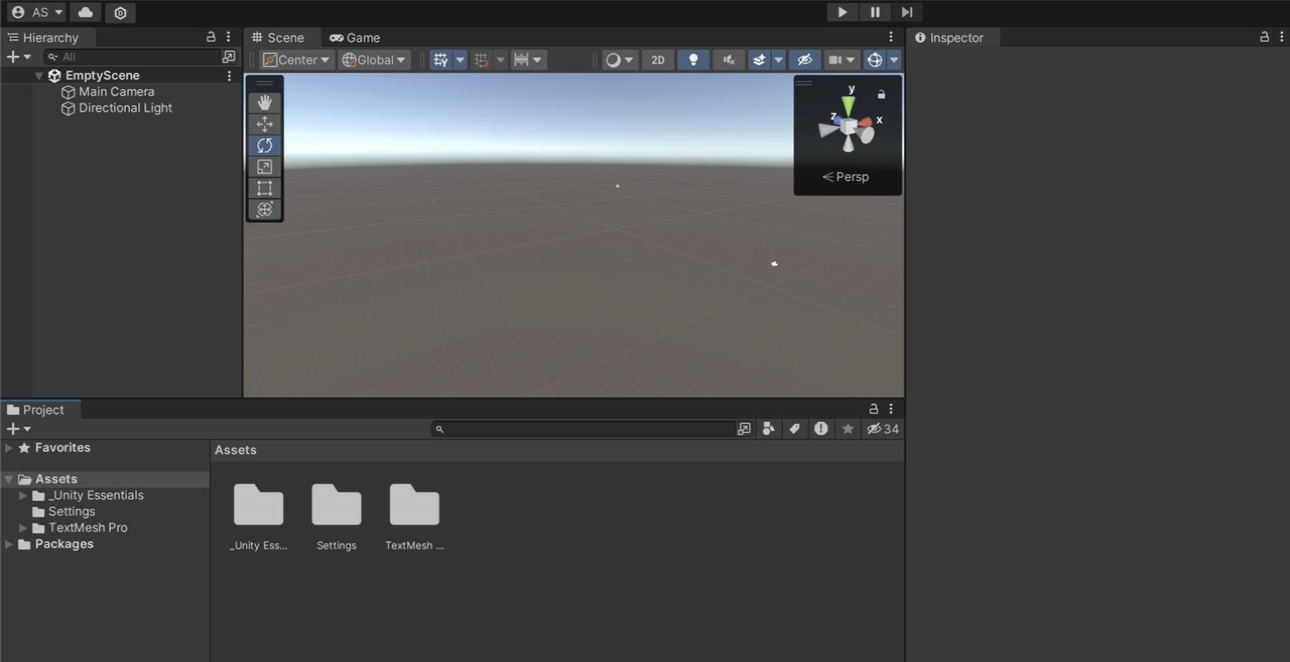 Unity Editor with empty scene, hierarchy panel, and inspector - the material of videogame making