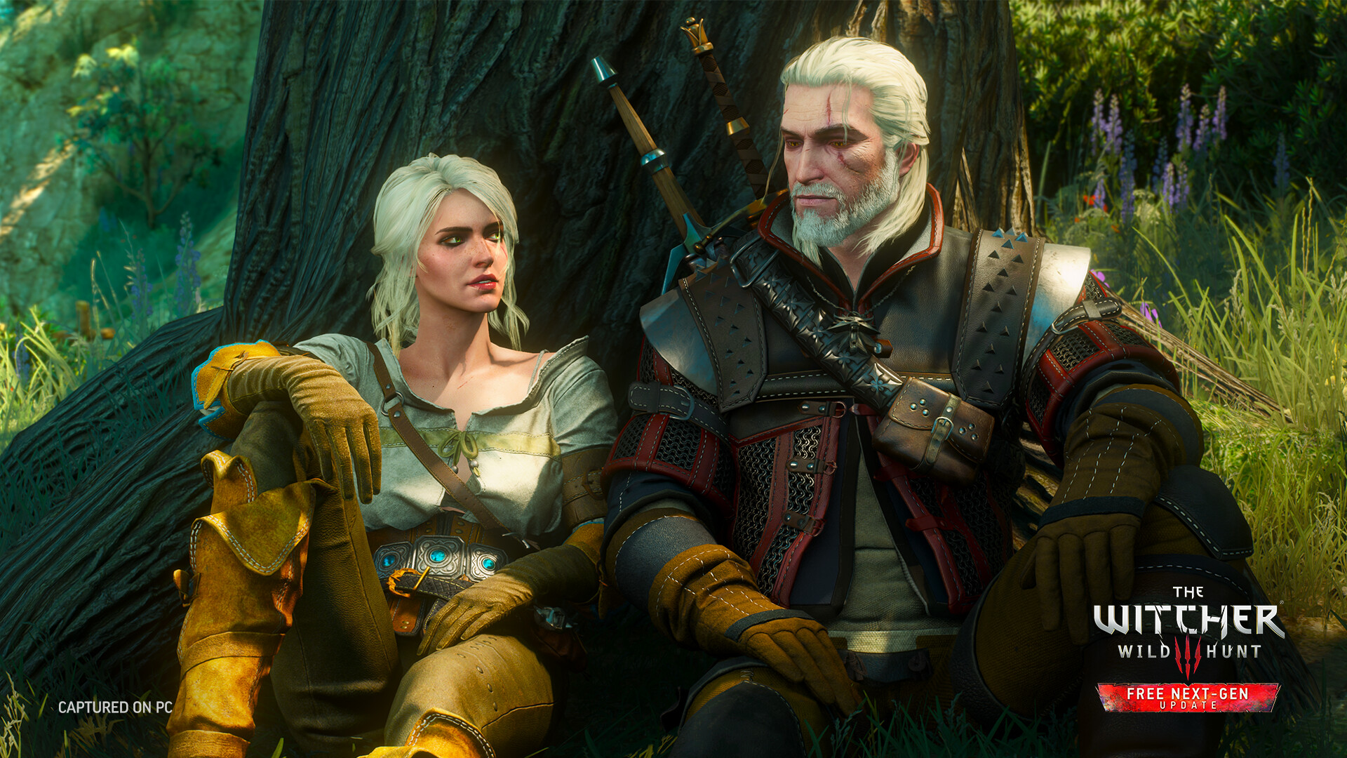 The Witcher 3 open world with Geralt and a quest objective visible on screen