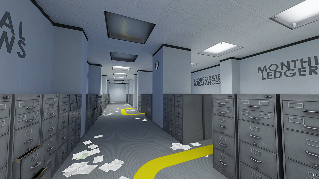 A corporate hallway lined with filing cabinets and a yellow line guiding the path forward in The Stanley Parable: Ultra Deluxe