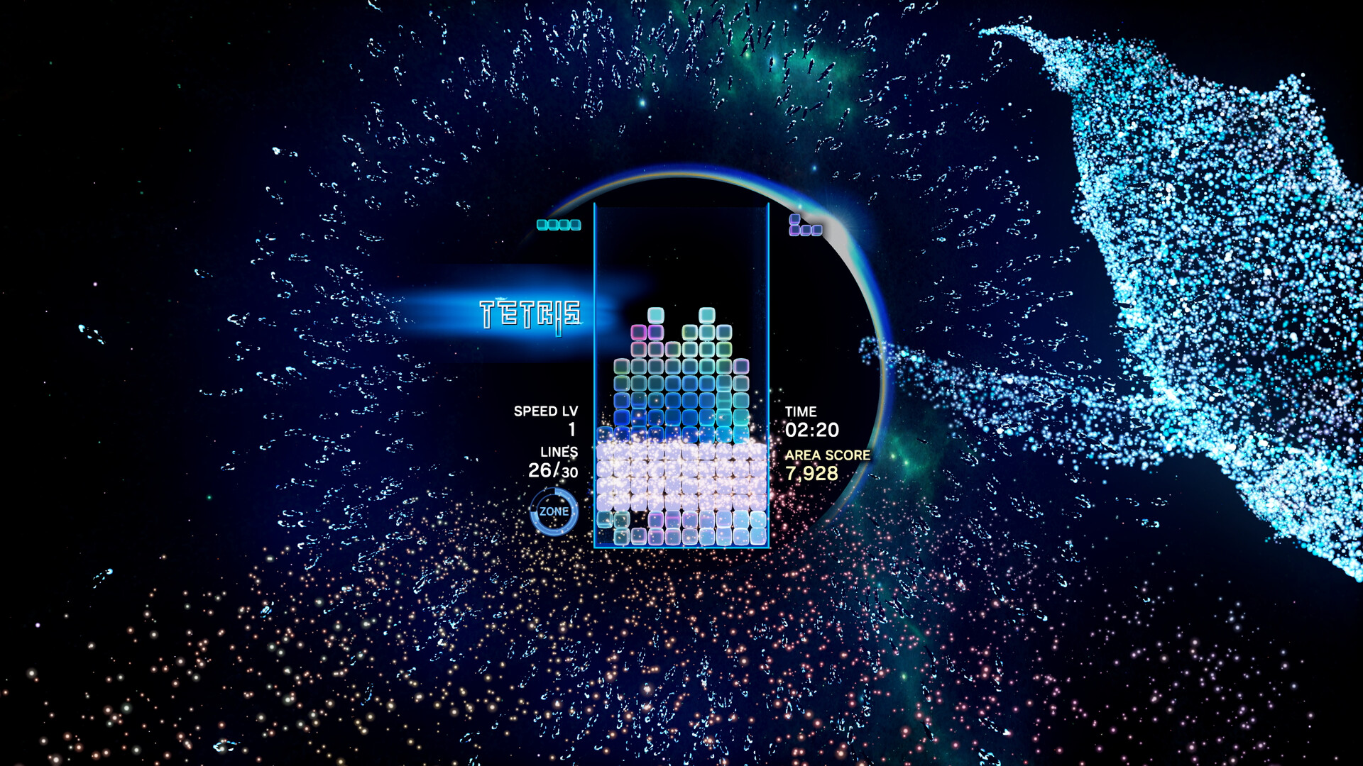 Tetris Effect gameplay showing a well-stacked board with cosmic background effects